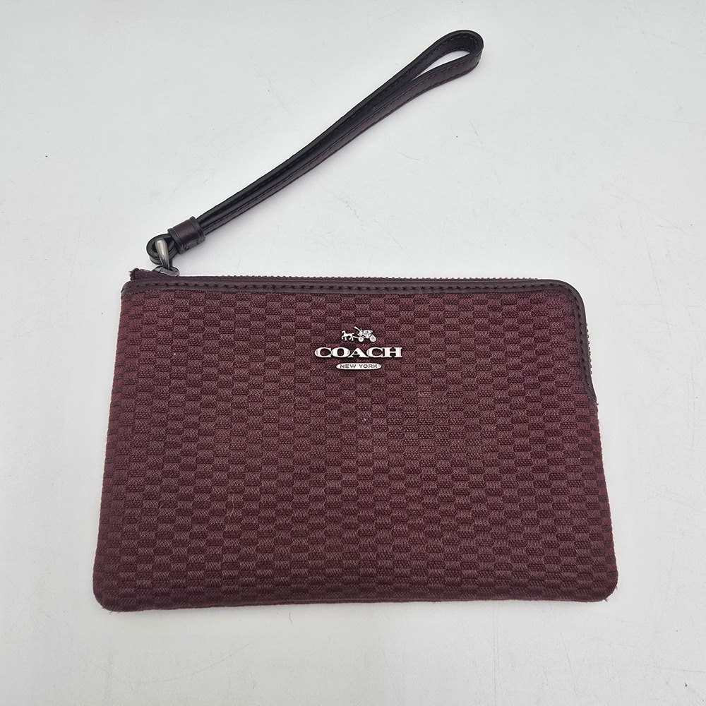 Coach Burgundy Jacquard Wristlet Pouch Zip Top Wallet Oxblood Silver Hardware